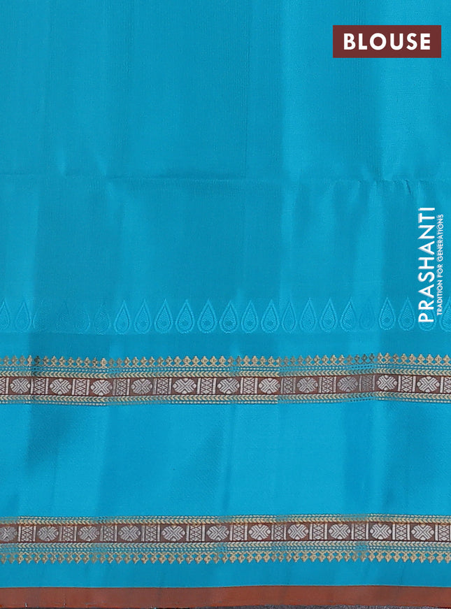 Pure soft silk saree peach pink and cs blue with allover silver and gold zari weaves and rettapet zari woven border