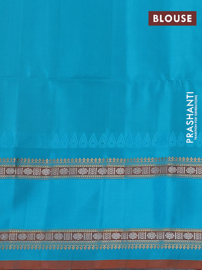 Pure soft silk saree peach pink and cs blue with allover silver and gold zari weaves and rettapet zari woven border