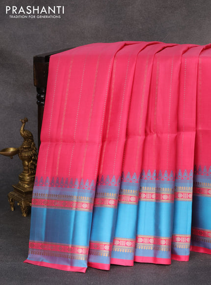 Pure soft silk saree pink and cs blue with allover silver and gold zari weaves and rettapet zari woven border