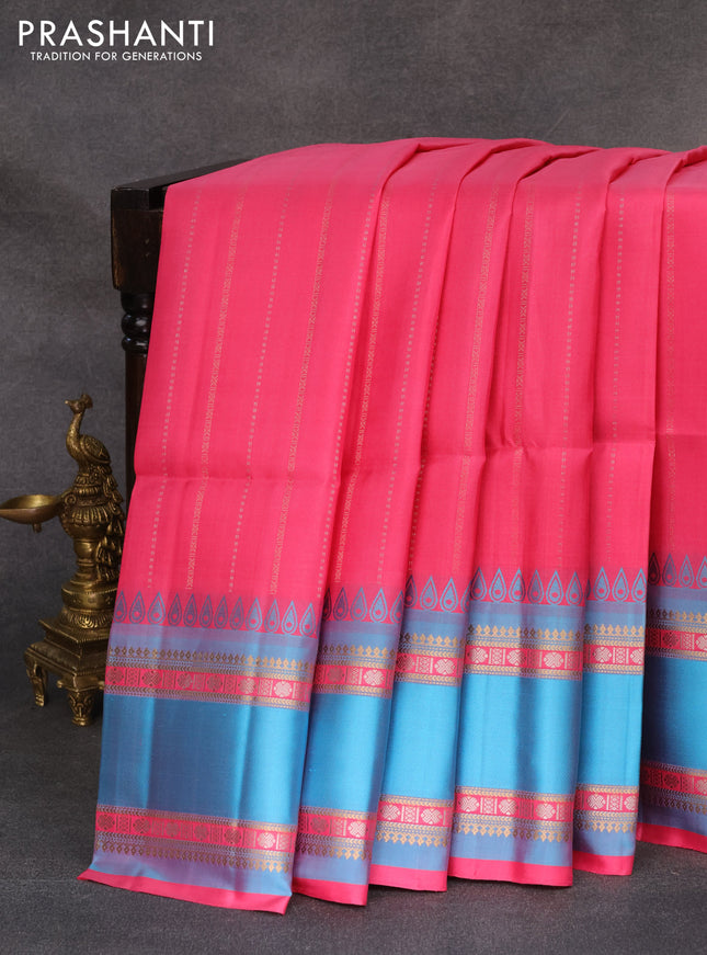 Pure soft silk saree pink and cs blue with allover silver and gold zari weaves and rettapet zari woven border