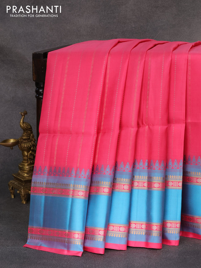 Pure soft silk saree pink and cs blue with allover silver and gold zari weaves and rettapet zari woven border