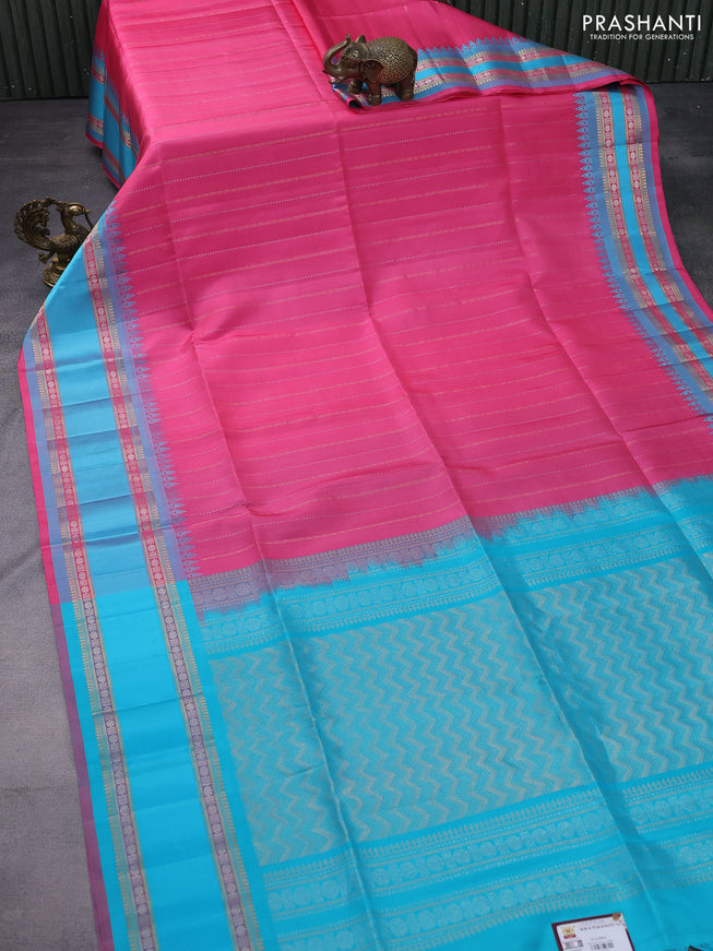Pure soft silk saree pink and cs blue with allover silver and gold zari weaves and rettapet zari woven border