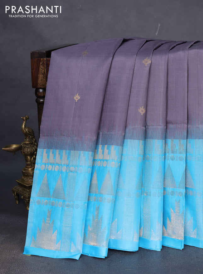 Pure soft silk saree grey and cs blue with allover zari woven buttas and long temple zari woven border