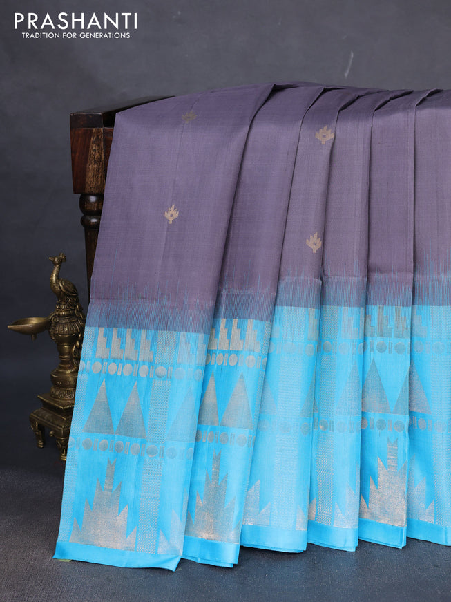 Pure soft silk saree grey and cs blue with allover zari woven buttas and long temple zari woven border