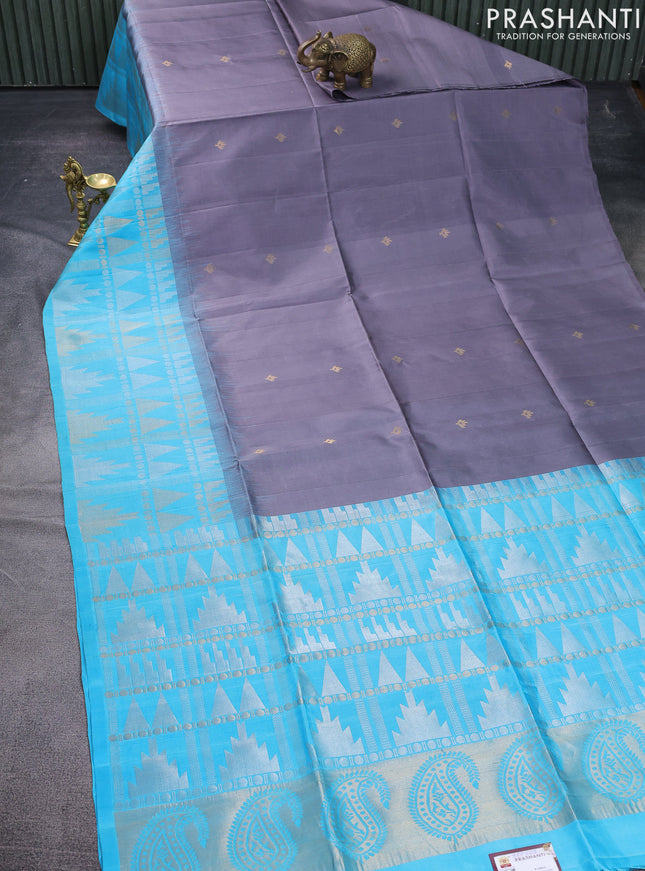 Pure soft silk saree grey and cs blue with allover zari woven buttas and long temple zari woven border