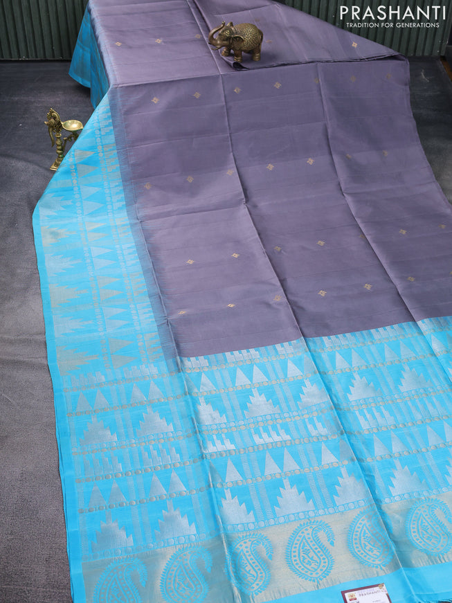 Pure soft silk saree grey and cs blue with allover zari woven buttas and long temple zari woven border