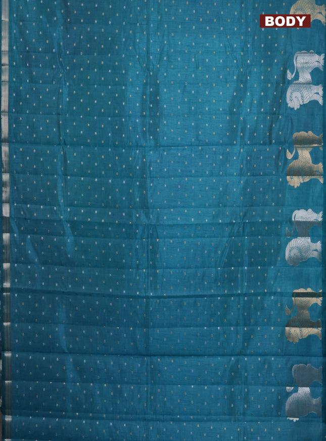 Semi raw silk saree teal blue with allover silver & gold zari woven buttas and zari woven lion butta border