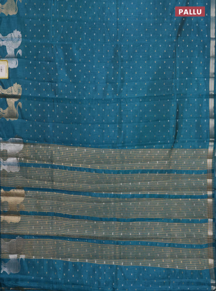 Semi raw silk saree teal blue with allover silver & gold zari woven buttas and zari woven lion butta border