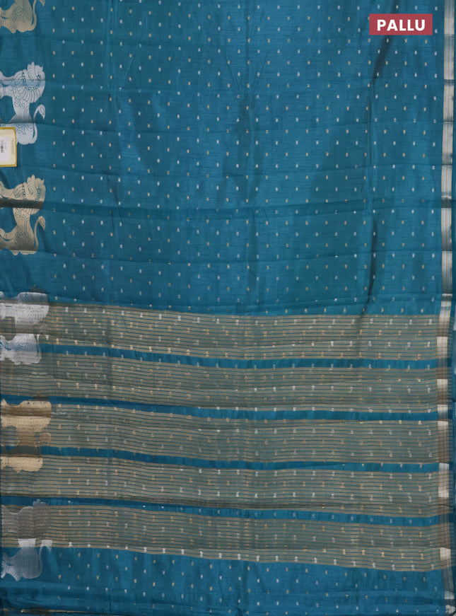 Semi raw silk saree teal blue with allover silver & gold zari woven buttas and zari woven lion butta border