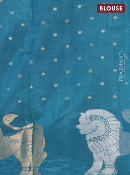 Semi raw silk saree teal blue with allover silver & gold zari woven buttas and zari woven lion butta border