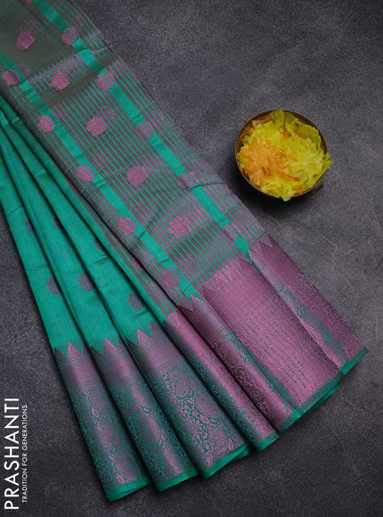 Semi raw silk saree teal green with pink zari woven buttas and pink zari woven border