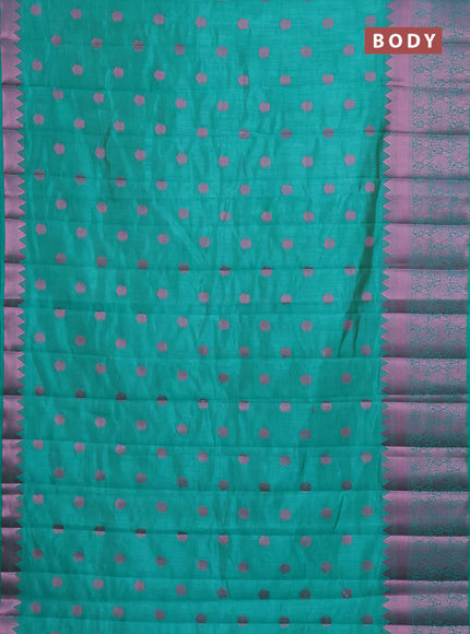 Semi raw silk saree teal green with pink zari woven buttas and pink zari woven border