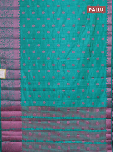 Semi raw silk saree teal green with pink zari woven buttas and pink zari woven border