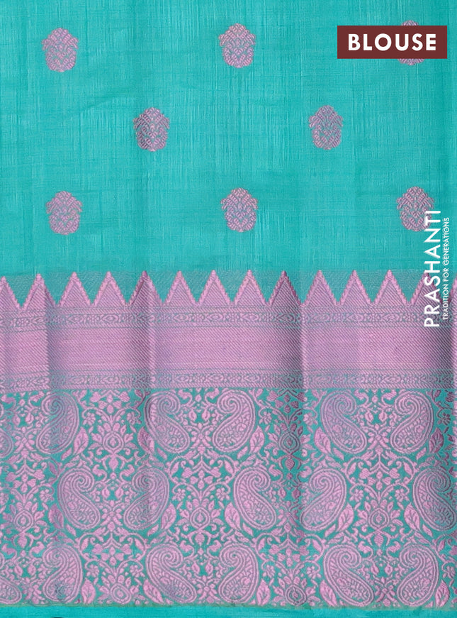 Semi raw silk saree teal green with pink zari woven buttas and pink zari woven border