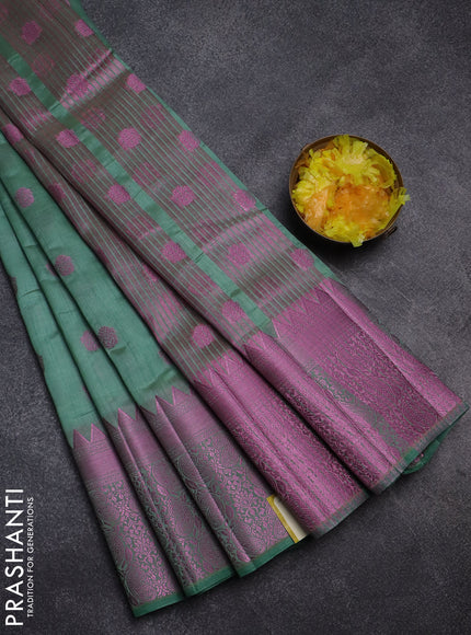Semi raw silk saree pastel green with pink zari woven buttas and pink zari woven border