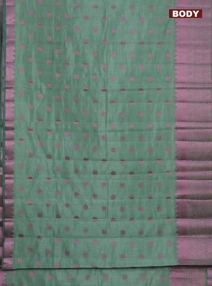 Semi raw silk saree pastel green with pink zari woven buttas and pink zari woven border