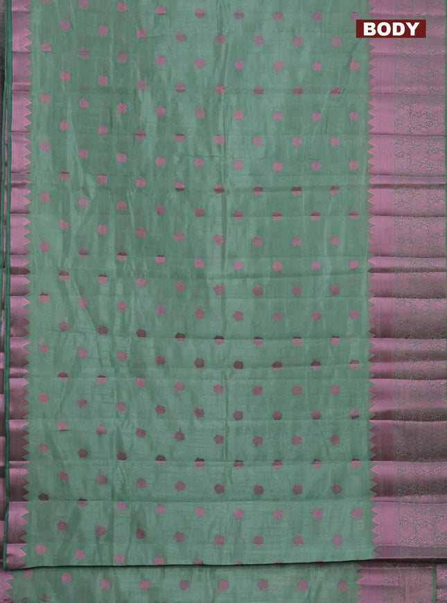 Semi raw silk saree pastel green with pink zari woven buttas and pink zari woven border