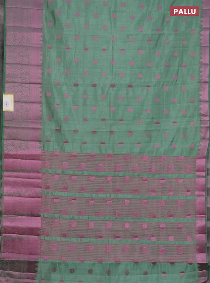 Semi raw silk saree pastel green with pink zari woven buttas and pink zari woven border