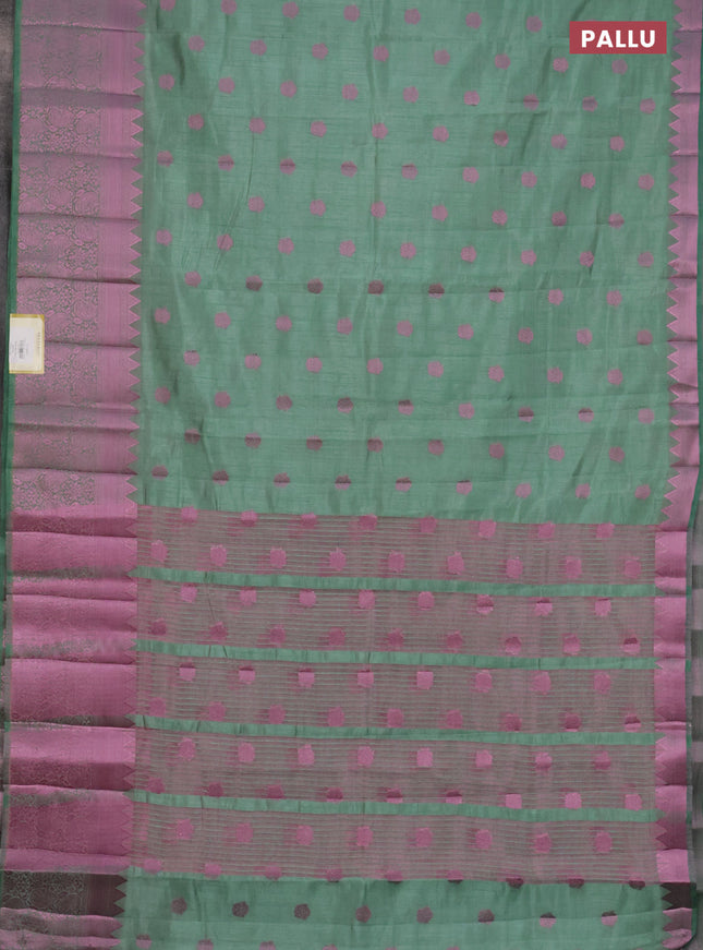 Semi raw silk saree pastel green with pink zari woven buttas and pink zari woven border