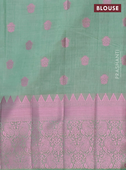 Semi raw silk saree pastel green with pink zari woven buttas and pink zari woven border