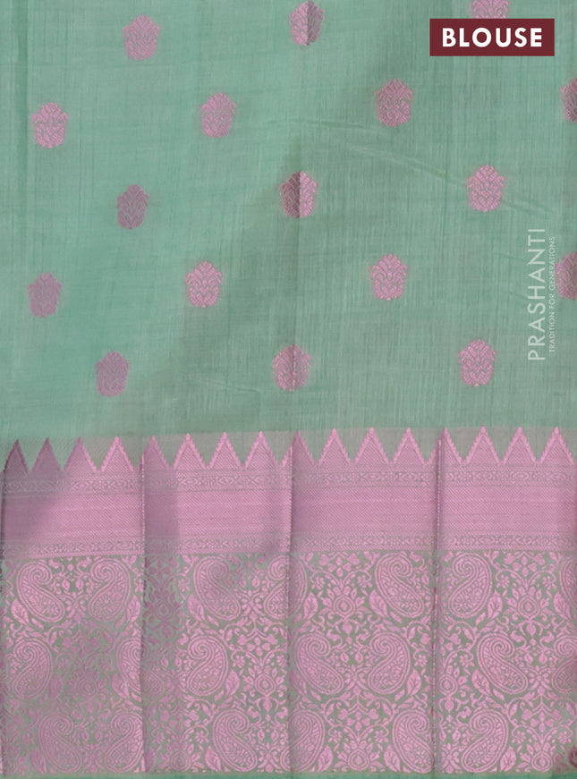 Semi raw silk saree pastel green with pink zari woven buttas and pink zari woven border