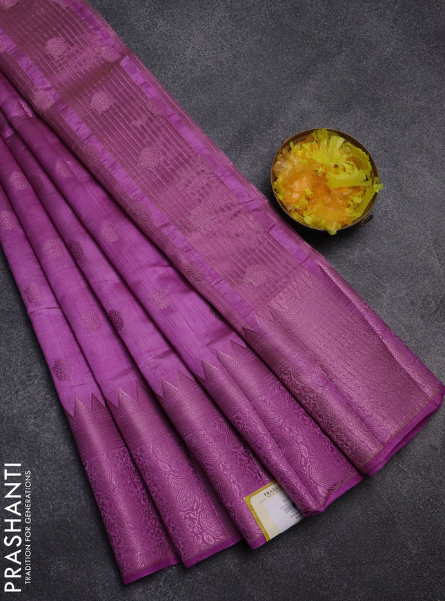 Semi raw silk saree lavender shade with pink zari woven buttas and pink zari woven border