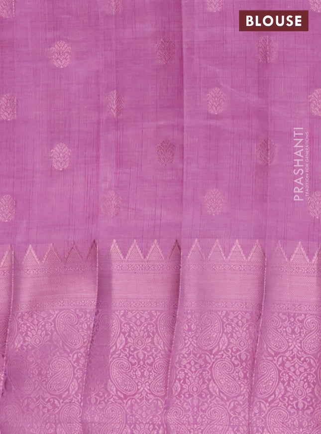 Semi raw silk saree lavender shade with pink zari woven buttas and pink zari woven border