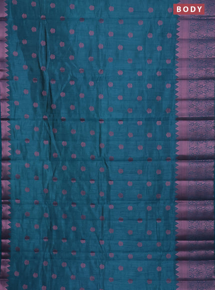 Semi raw silk saree teal blue with pink zari woven buttas and pink zari woven border