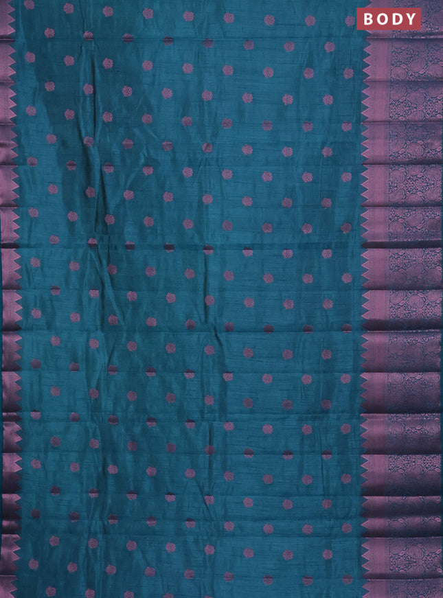 Semi raw silk saree teal blue with pink zari woven buttas and pink zari woven border