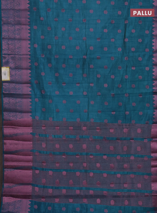 Semi raw silk saree teal blue with pink zari woven buttas and pink zari woven border