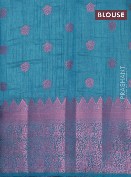 Semi raw silk saree teal blue with pink zari woven buttas and pink zari woven border