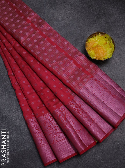 Semi raw silk saree magenta pink with allover pink zari woven buttas and paisley design pink zari woven border