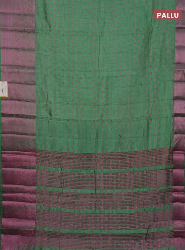 Semi raw silk saree pastel green with allover pink zari woven buttas and paisley design pink zari woven border