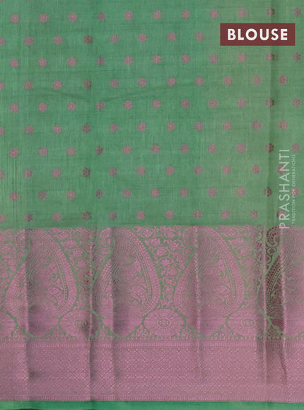 Semi raw silk saree pastel green with allover pink zari woven buttas and paisley design pink zari woven border
