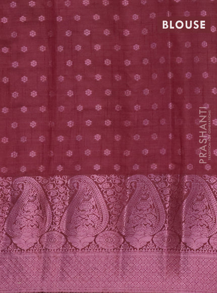 Semi raw silk saree wine shade with allover pink zari woven buttas and paisley design pink zari woven border