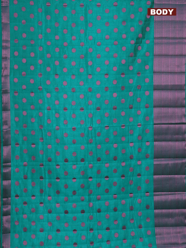 Semi raw silk saree teal green with allover pink zari woven buttas and pink zari woven border
