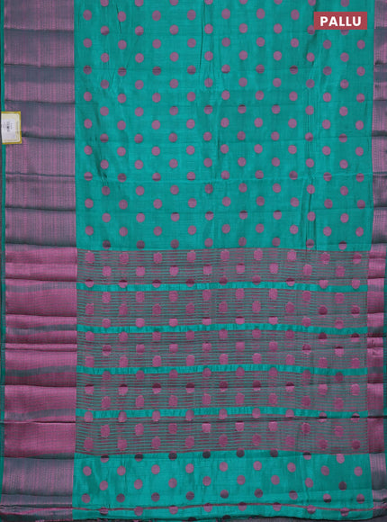 Semi raw silk saree teal green with allover pink zari woven buttas and pink zari woven border