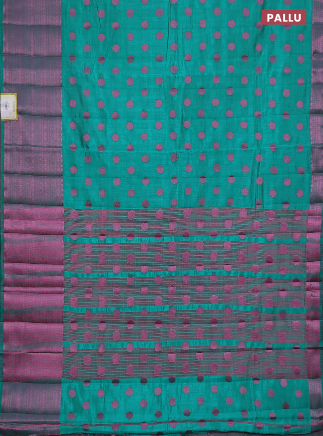 Semi raw silk saree teal green with allover pink zari woven buttas and pink zari woven border
