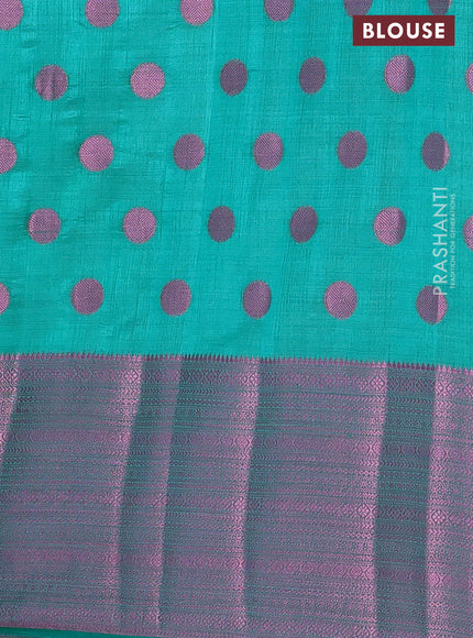 Semi raw silk saree teal green with allover pink zari woven buttas and pink zari woven border