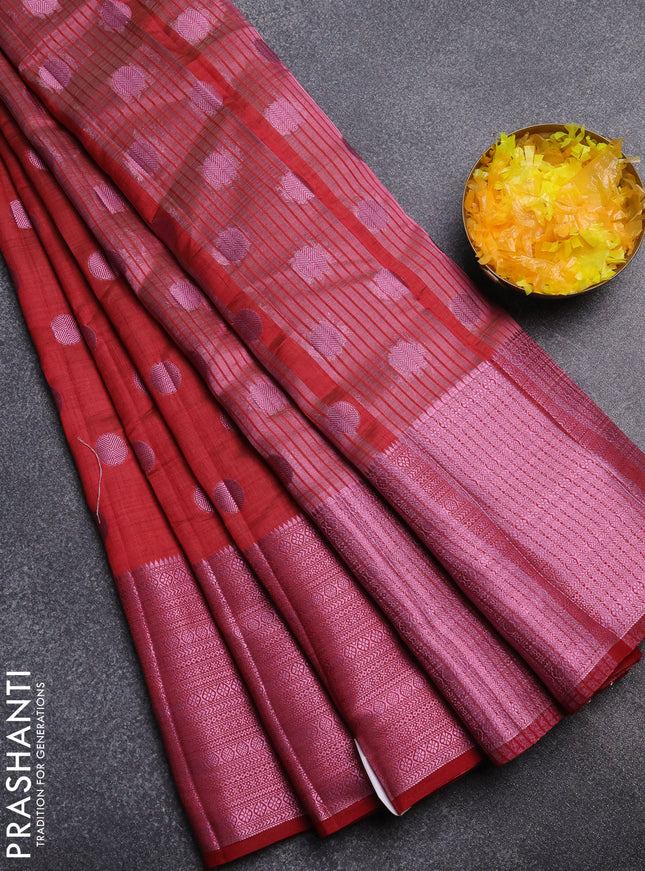 Semi raw silk saree maroon with allover pink zari woven buttas and pink zari woven border