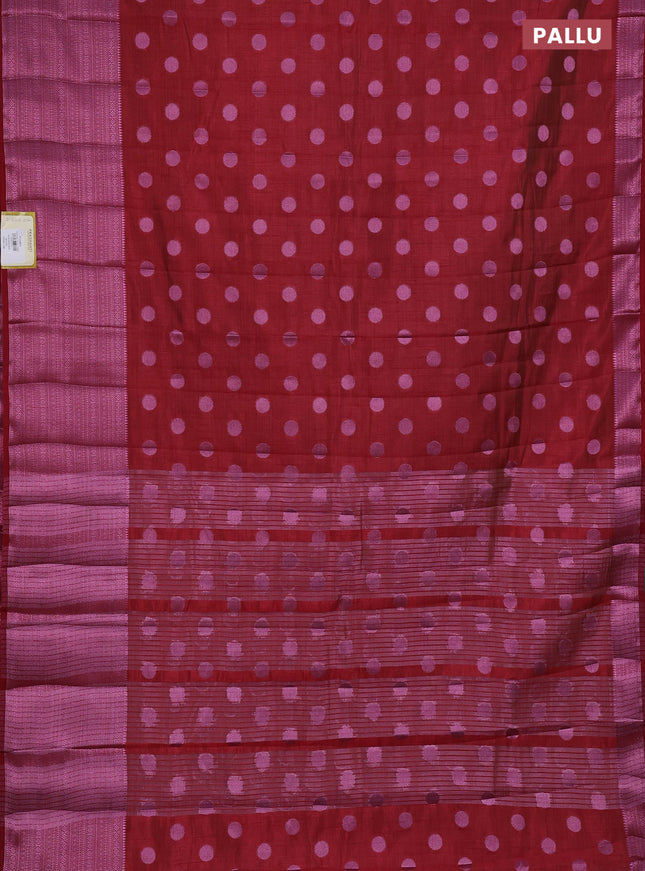 Semi raw silk saree maroon with allover pink zari woven buttas and pink zari woven border