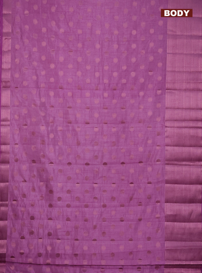 Semi raw silk saree lavender shade with allover pink zari woven buttas and pink zari woven border