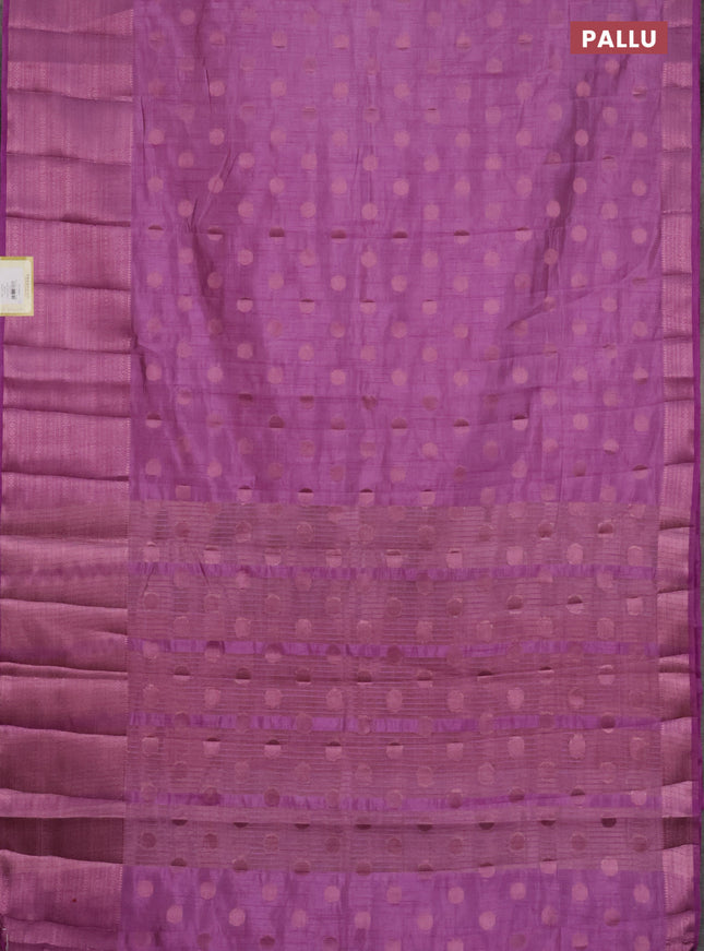Semi raw silk saree lavender shade with allover pink zari woven buttas and pink zari woven border