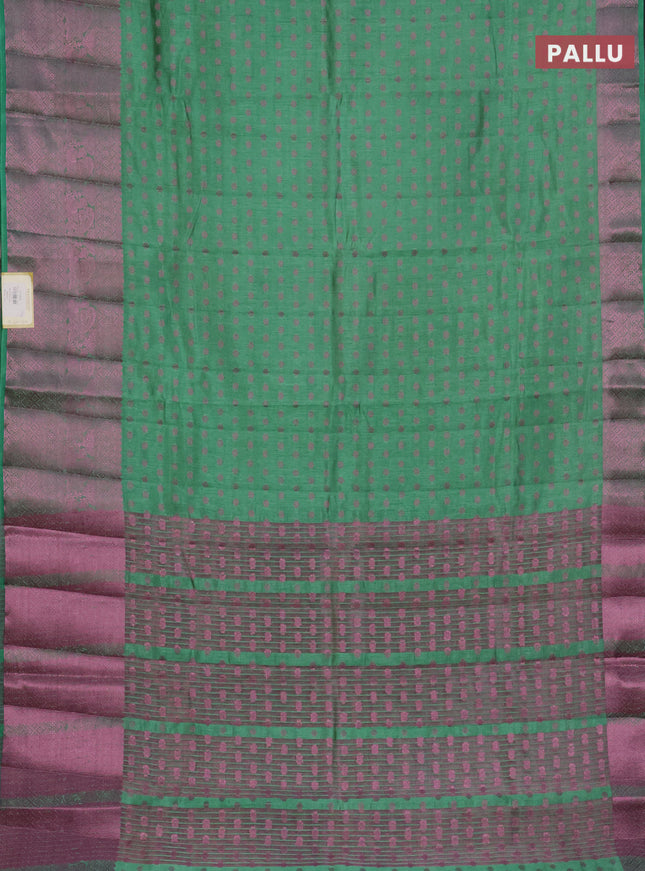Semi raw silk saree pastel green with allover pink zari woven buttas and pink zari woven border