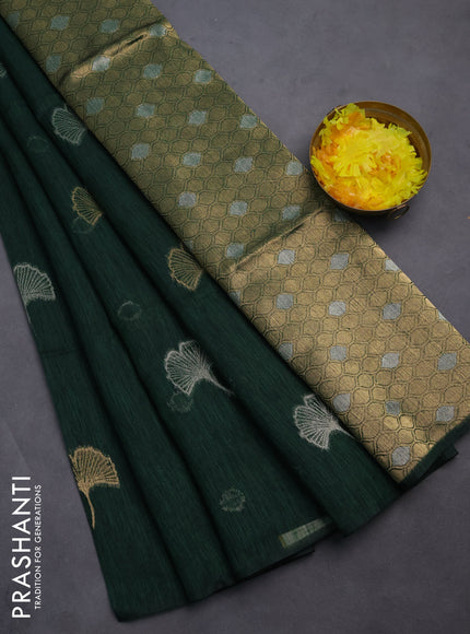 Semi jute linen saree bottle green with silver and gold zari woven floral buttas in borderless style