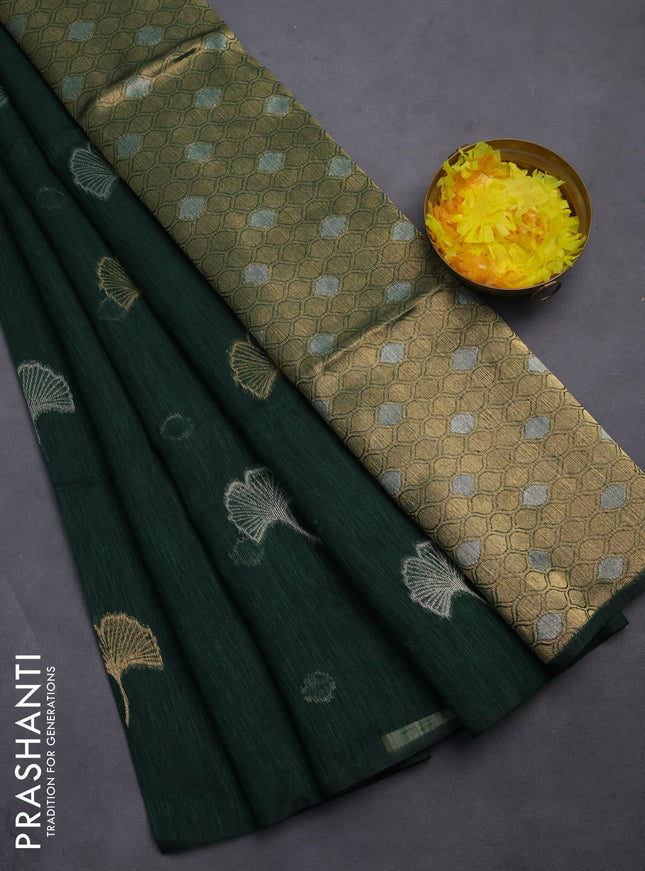 Semi jute linen saree bottle green with silver and gold zari woven floral buttas in borderless style