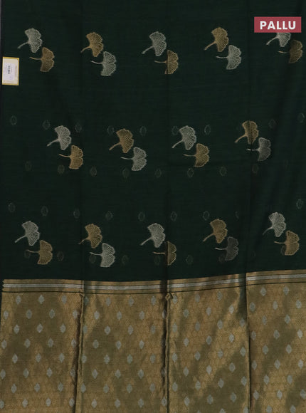 Semi jute linen saree bottle green with silver and gold zari woven floral buttas in borderless style