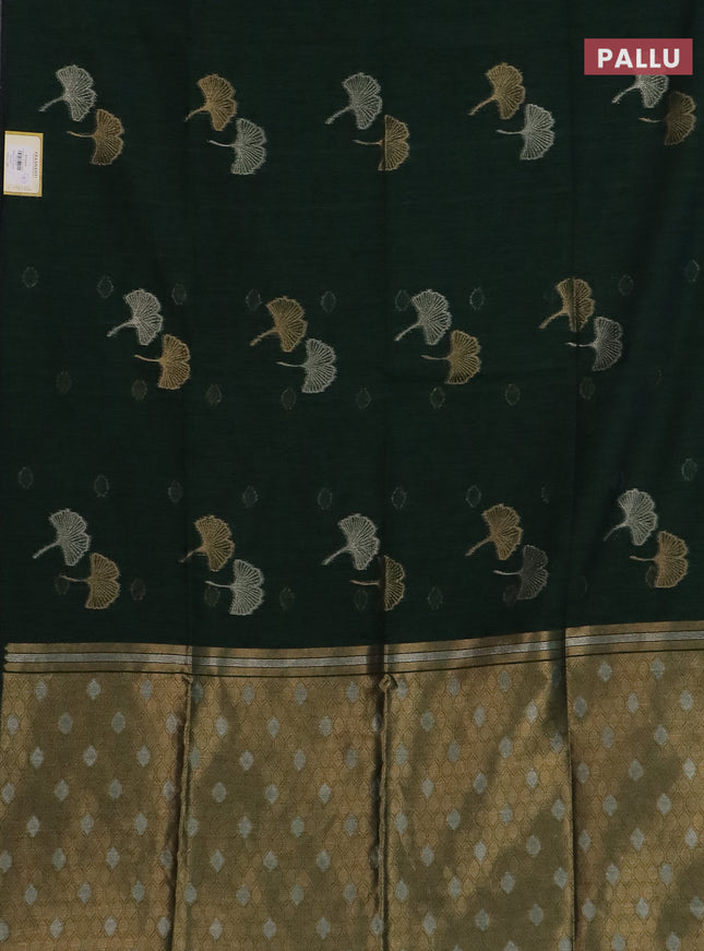 Semi jute linen saree bottle green with silver and gold zari woven floral buttas in borderless style