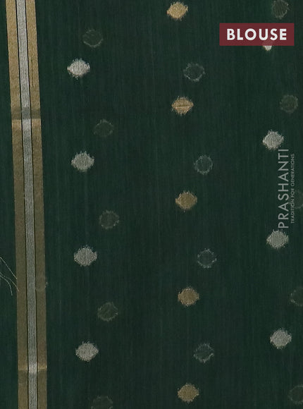 Semi jute linen saree bottle green with silver and gold zari woven floral buttas in borderless style