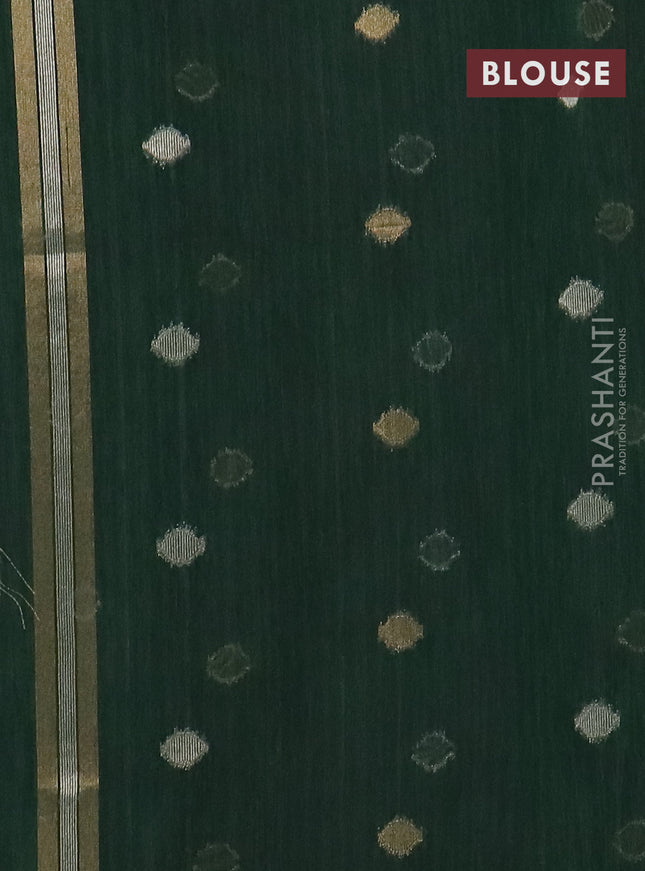 Semi jute linen saree bottle green with silver and gold zari woven floral buttas in borderless style